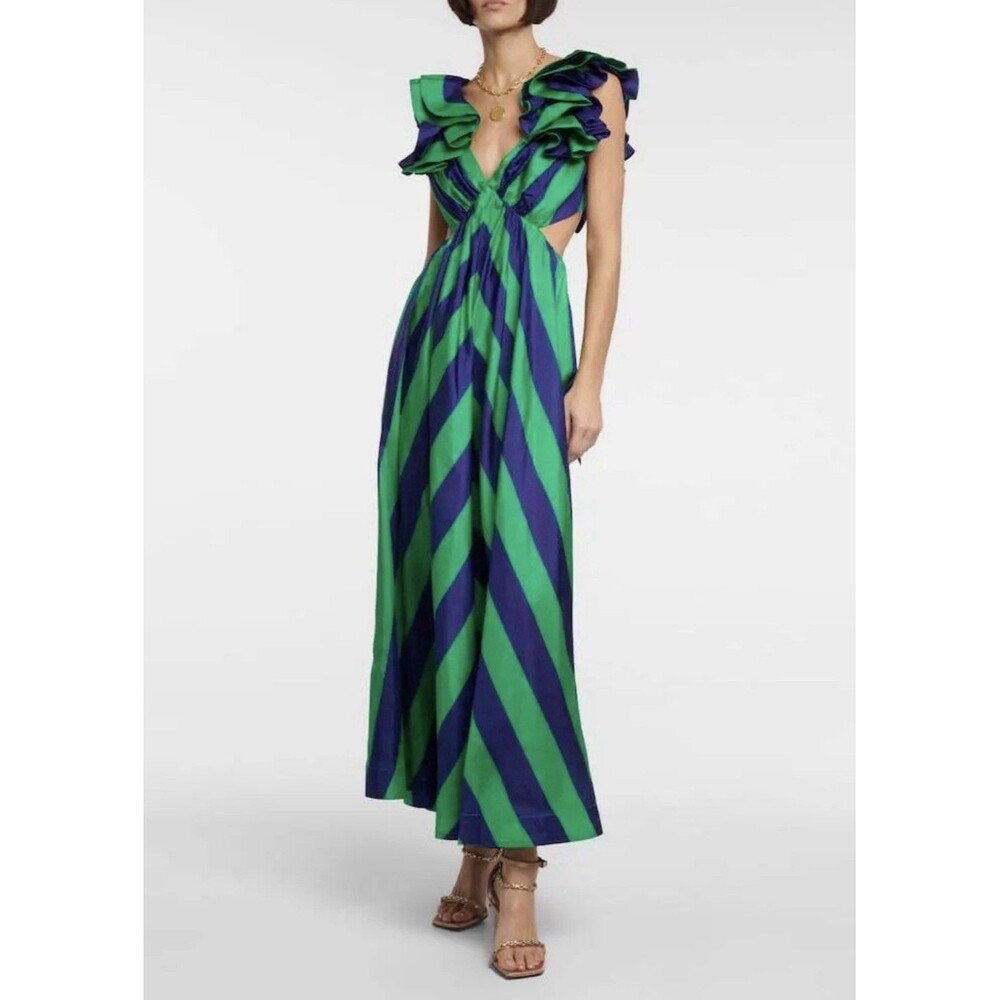 Zimmermann Tiggy Frill Ruffled Navy/Green Striped Silk Dress Women’s Size 3
